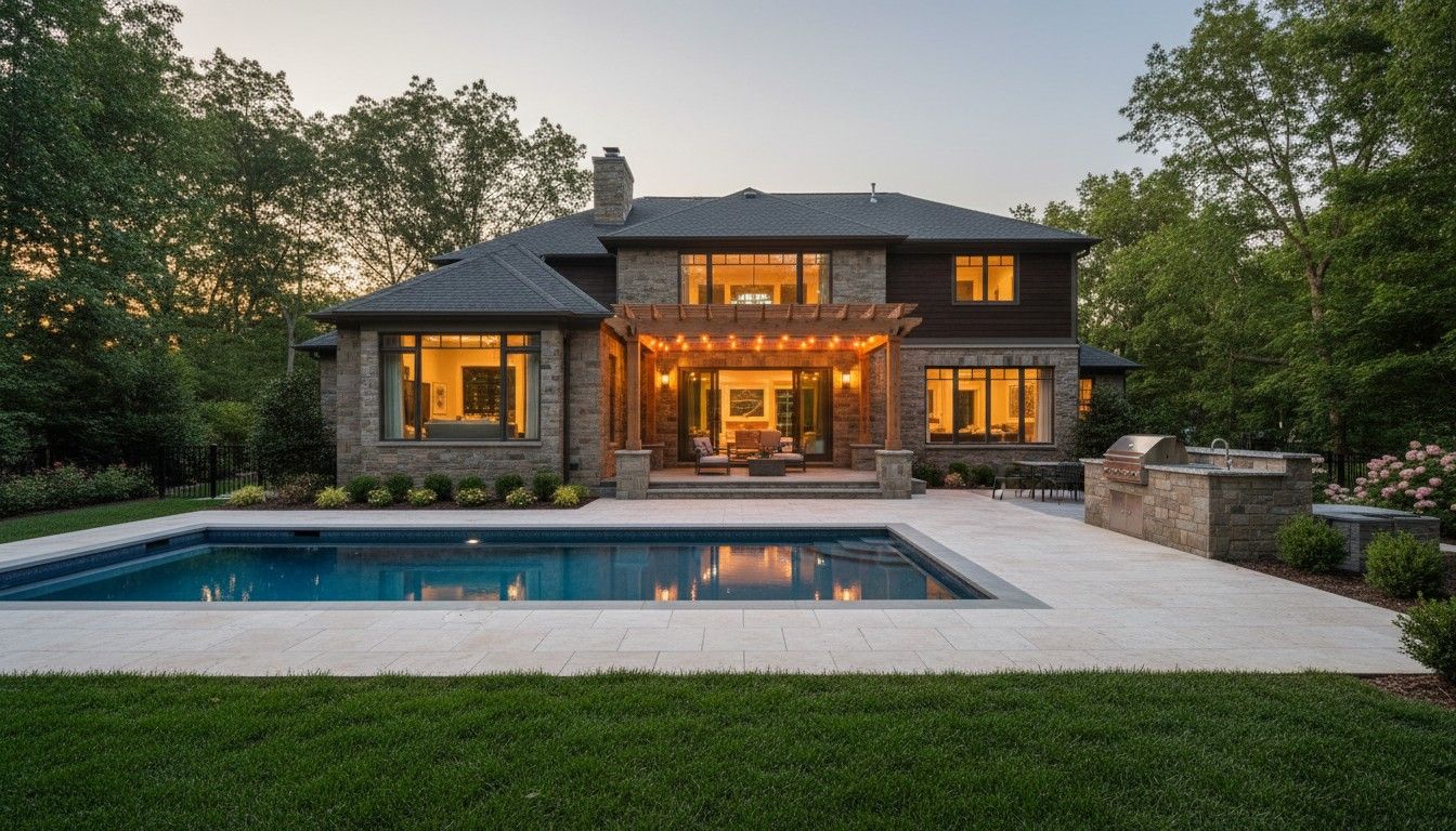 A finished backyard at dusk: pool, travertine deck, paver patio, pergola with string lights and a stone outdoor kitchen